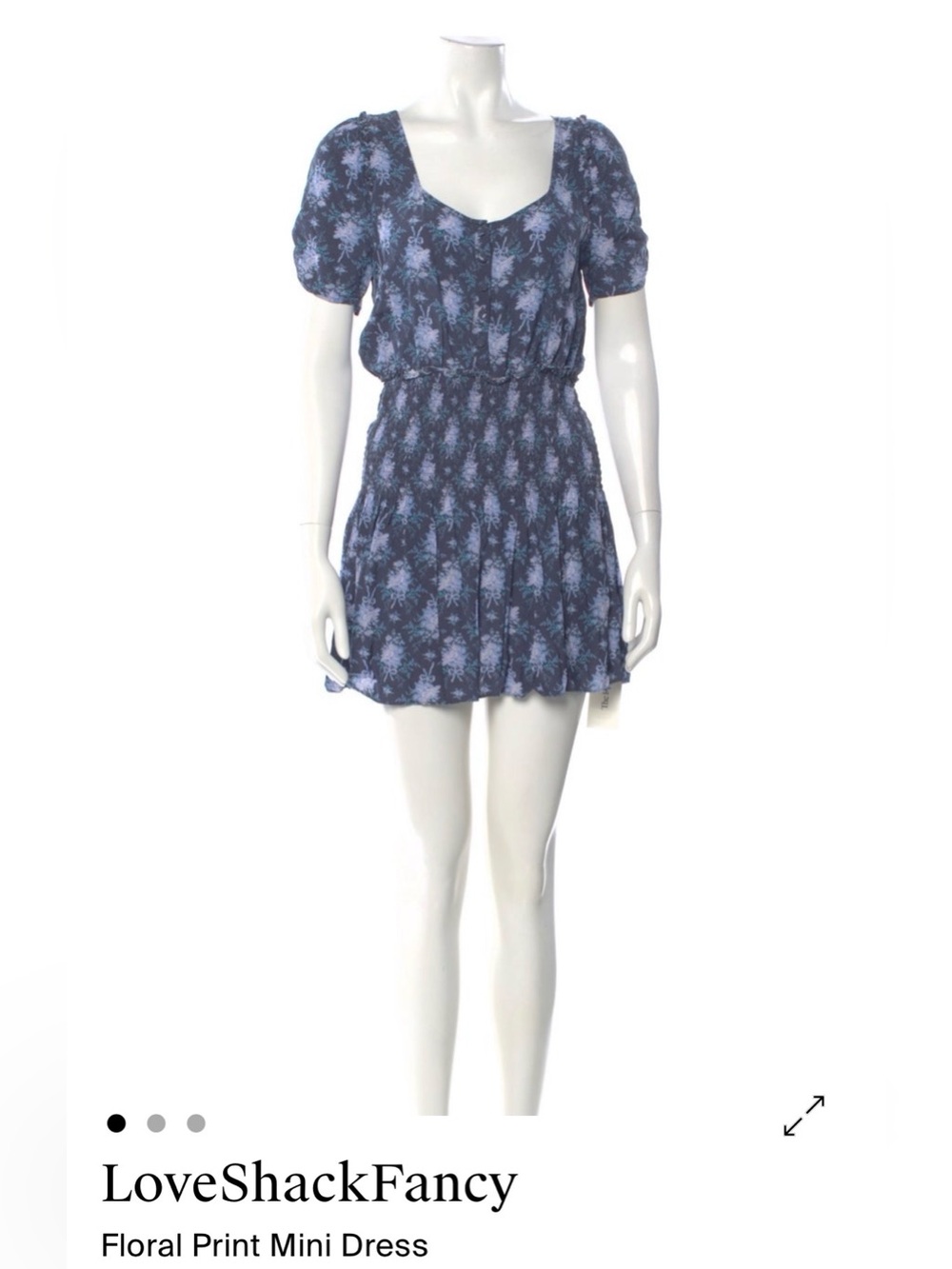LoveShackFancy Navy Floral Puff-Sleeve Mini Dress